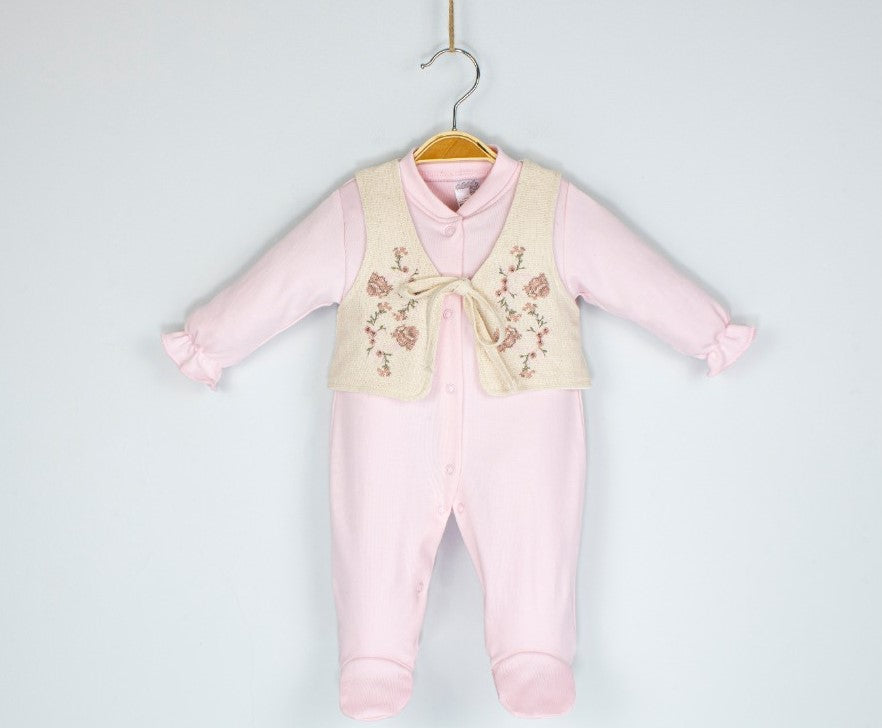 Grenouillère chic pour fille avec gilet et broderie de fleurs