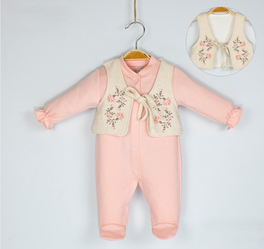 Grenouillère chic pour fille avec gilet et broderie de fleurs