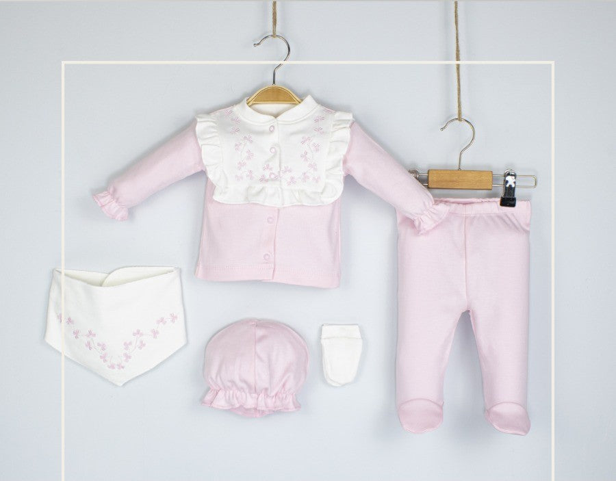 Ensemble de naissance de 5 pièces pour fille avec broderie et dentelles - pack de naissance