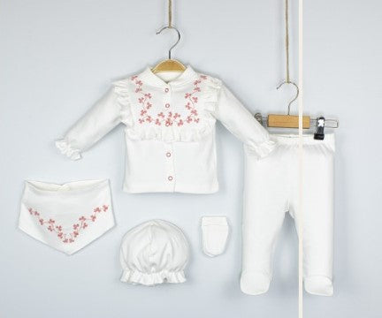 Ensemble de naissance de 5 pièces pour fille avec broderie et dentelles - pack de naissance