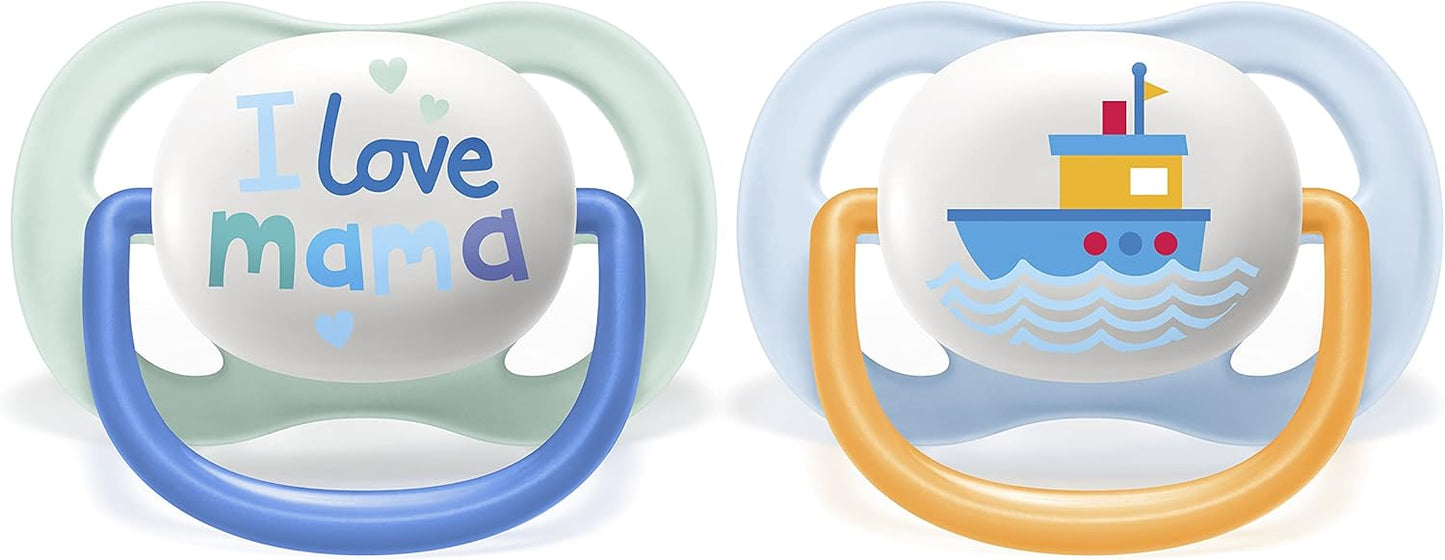 Philips Avent Lot de 2 sucettes Ultra Air sans BPA pour les bébés âgés de 0 à 6 mois, Bateau/Maman (modèle SCF080/01)