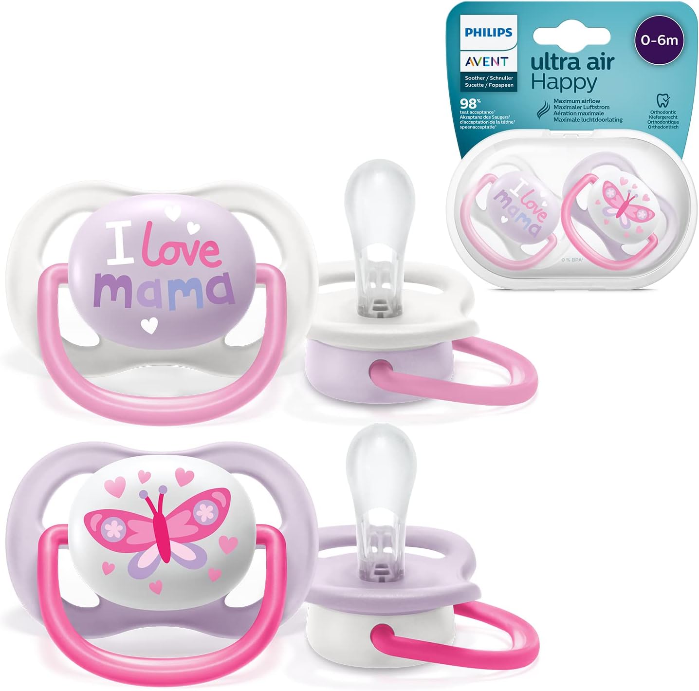 Philips Avent Lot de 2 sucettes Ultra Air sans BPA pour les bébés âgés de 0 à 6 mois, Papillon (modèle SCF080/02)