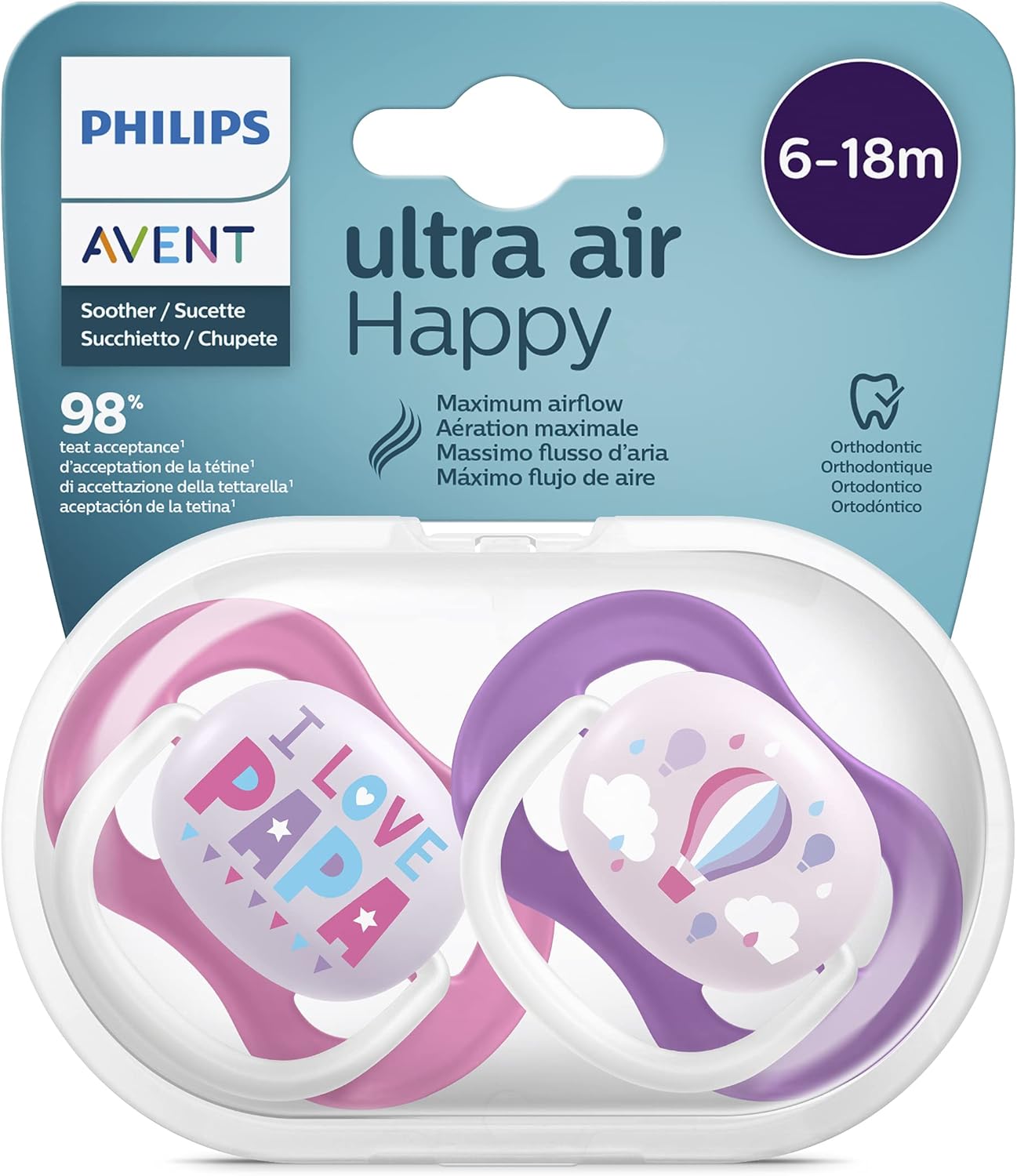 Sucette ultra air Philips Avent, pour 6 à 18 mois, orthodontique et 0% BPA, 2 pièces, avec boîtier de stérilisation et de transport, SCF080/04