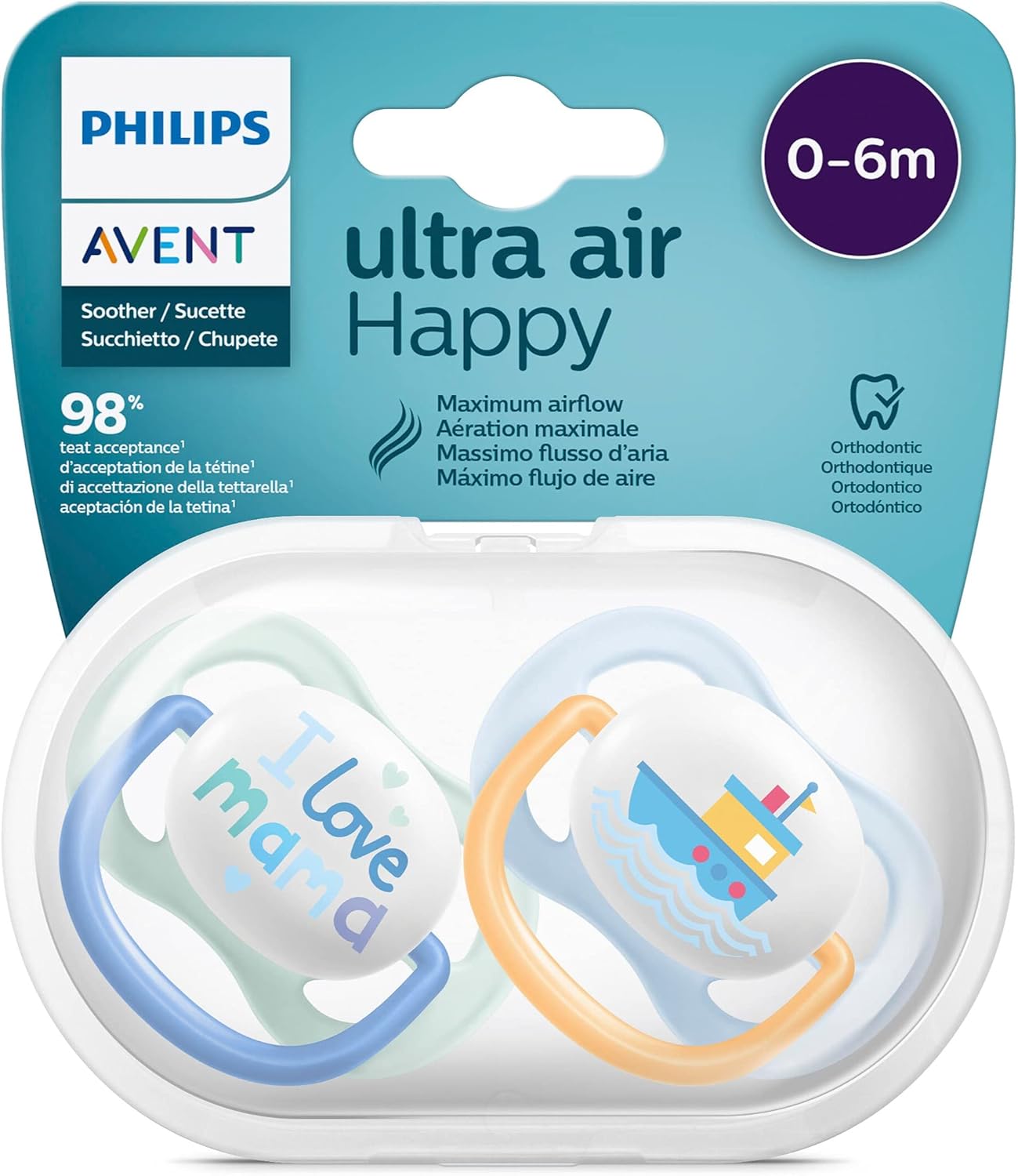 Philips Avent Lot de 2 sucettes Ultra Air sans BPA pour les bébés âgés de 0 à 6 mois, Bateau/Maman (modèle SCF080/01)