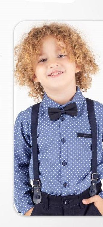 Ensemble Garçon Chic 4 Pièces – Chemise à Motifs, Pantalon, Bretelles & Nœud Papillon