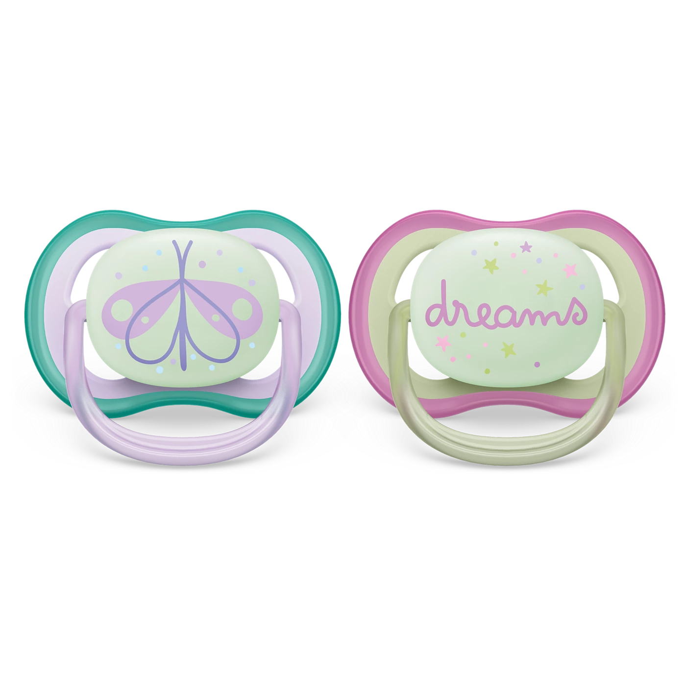 Philips Avent Sucette ultra air - 2 sucettes légères, aérées et phosphorescentes pour bébés âgés de 0 à 6 mois, sans BPA, avec étui de transport stérilisateur, Bleu/Violet (modèle SCF376/19)