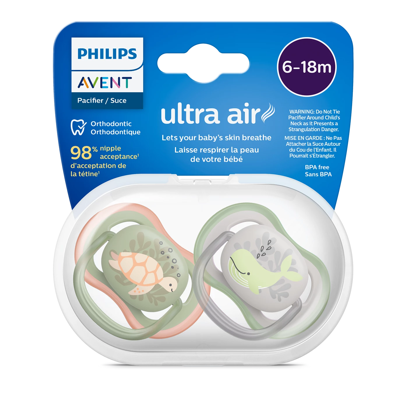 Philips Avent Sucette Ultra Air - 2 sucettes bébé légères et aérées pour bébés âgés de 6 à 18 mois, sans BPA et avec étui de transport stérilisateur (modèle SCF085/60)