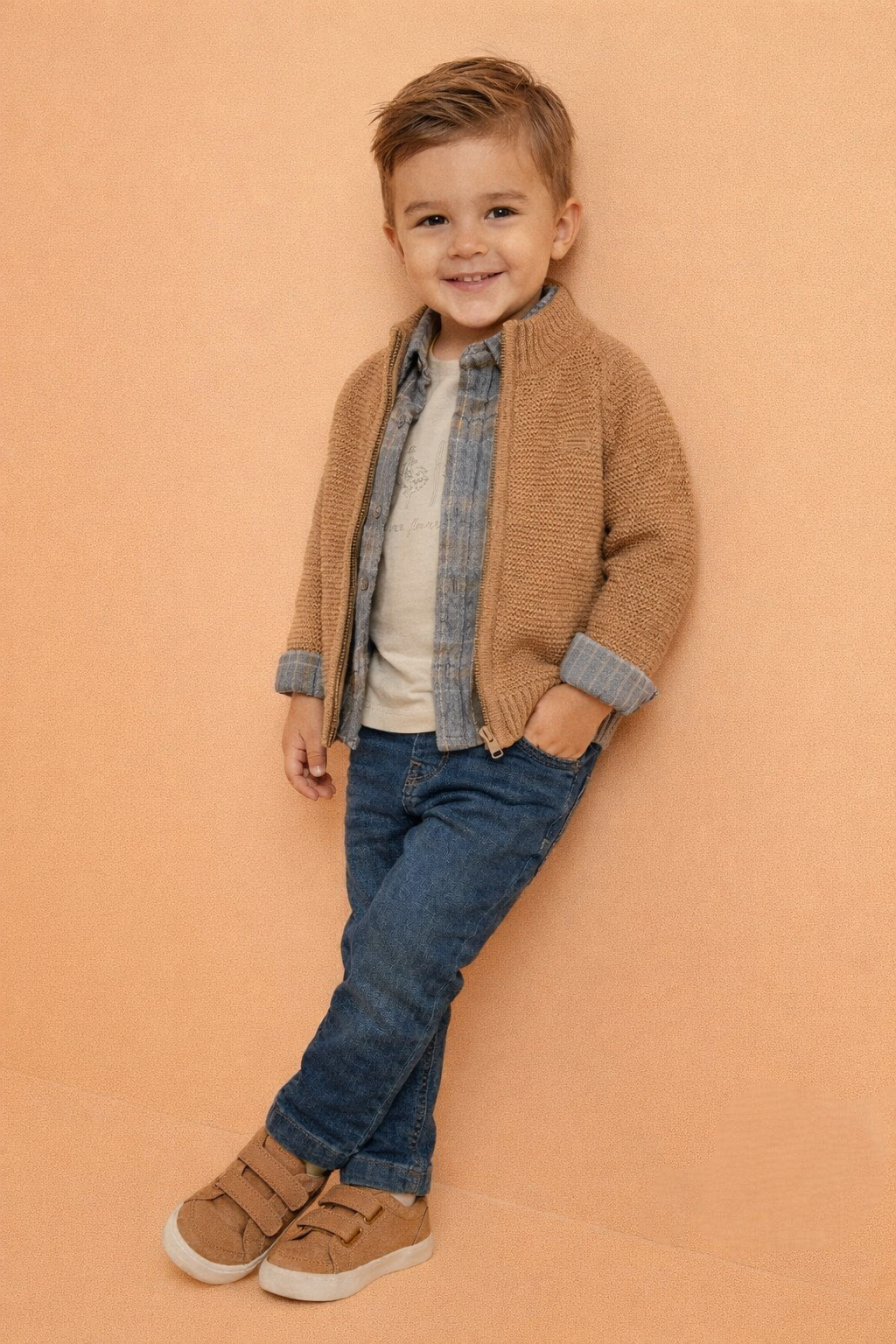 Ensemble Garçon 4 Pièces Élégant – Veste Tricot, Chemise Carreaux, T-Shirt & Jean