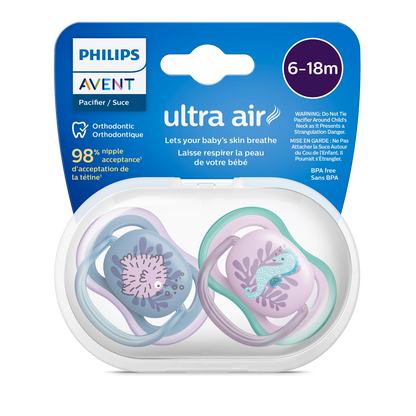Philips Avent Sucette Ultra Air - 2 sucettes bébé légères et aérées pour bébés âgés de 6 à 18 mois, sans BPA et avec étui de transport stérilisateur (modèle SCF085/61)