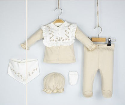 Ensemble de naissance de 5 pièces pour fille avec broderie et dentelles - pack de naissance