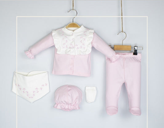 Ensemble de naissance de 5 pièces pour fille avec broderie et dentelles - pack de naissance