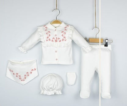 Ensemble de naissance de 5 pièces pour fille avec broderie et dentelles - pack de naissance
