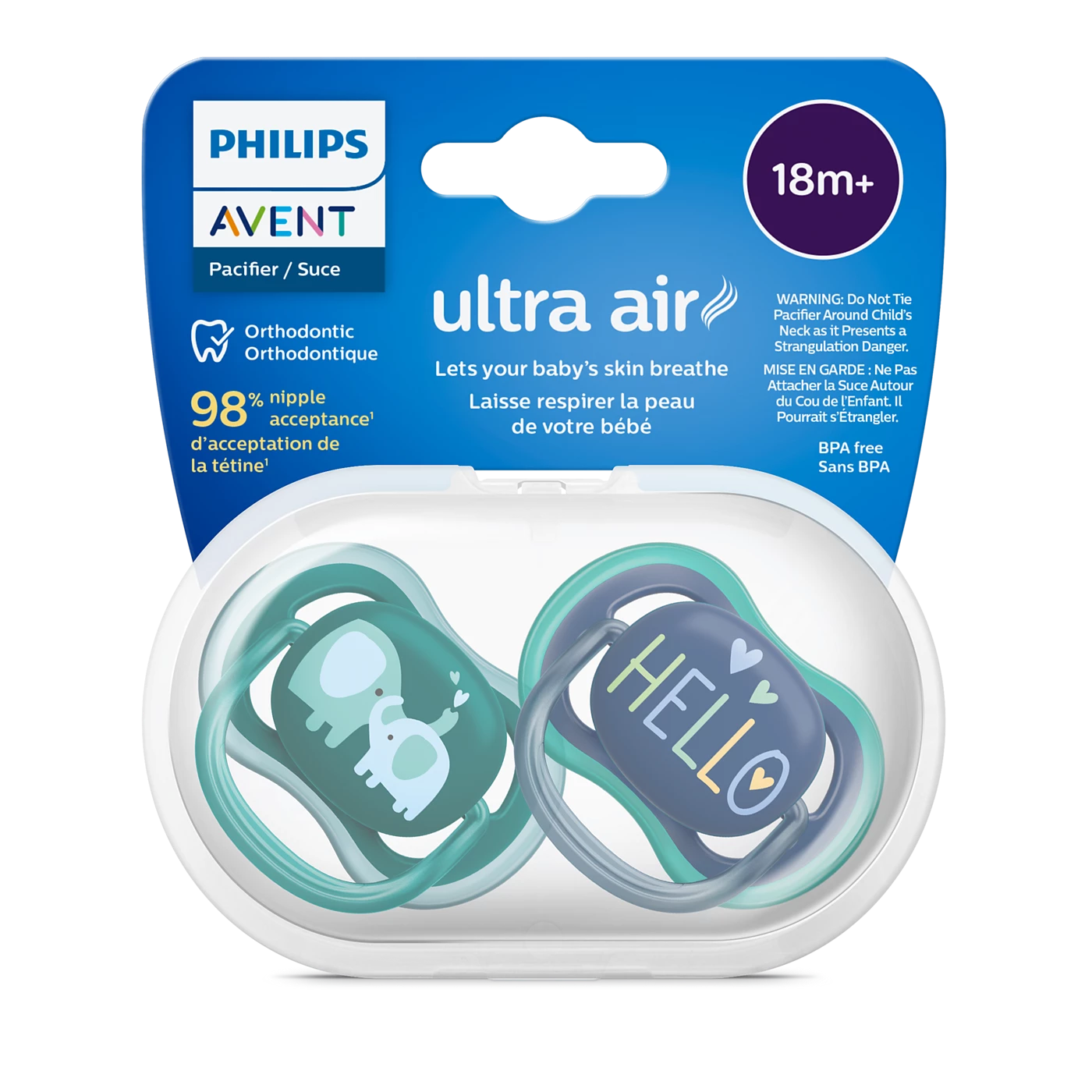 Philips Avent Sucette ultra air - 2 sucettes légères et aérées pour bébés âgés de 18 mois et plus, sans BPA, avec étui de transport stérilisateur (modèle SCF349/22)