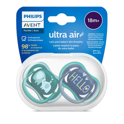 Philips Avent Sucette ultra air - 2 sucettes légères et aérées pour bébés âgés de 18 mois et plus, sans BPA, avec étui de transport stérilisateur (modèle SCF349/22)