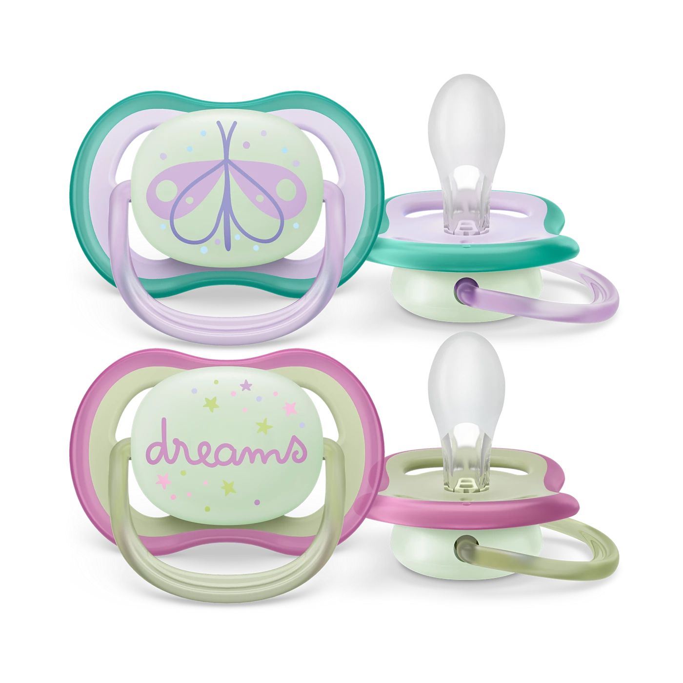 Philips Avent Sucette ultra air - 2 sucettes légères, aérées et phosphorescentes pour bébés âgés de 0 à 6 mois, sans BPA, avec étui de transport stérilisateur, Bleu/Violet (modèle SCF376/19)