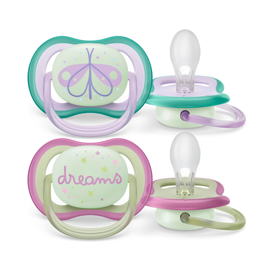 Philips Avent Sucette ultra air - 2 sucettes légères, aérées et phosphorescentes pour bébés âgés de 0 à 6 mois, sans BPA, avec étui de transport stérilisateur, Bleu/Violet (modèle SCF376/19)