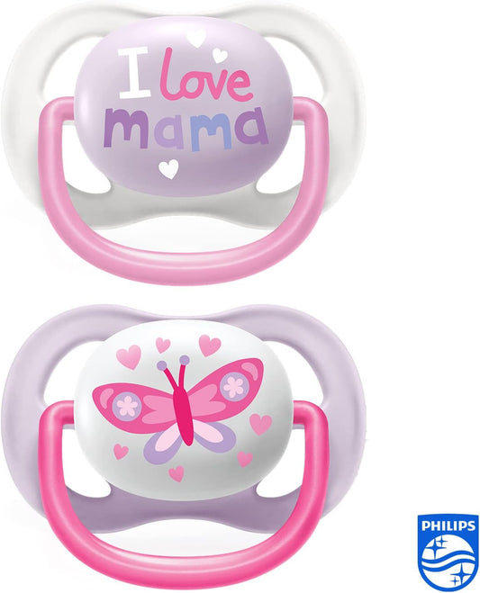 Philips Avent Lot de 2 sucettes Ultra Air sans BPA pour les bébés âgés de 0 à 6 mois, Papillon (modèle SCF080/02)