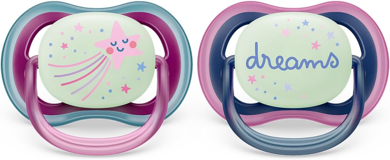2 Philips Avent Sucette ultra air - légères, aérées et phosphorescentes pour bébés âgés de 6 à 18 mois, sans BPA, avec étui de transport stérilisateur, Rose/Bleu/Violet (modèle SCF376/14)