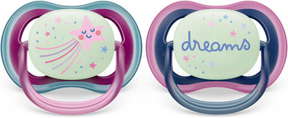 2 Philips Avent Sucette ultra air - légères, aérées et phosphorescentes pour bébés âgés de 6 à 18 mois, sans BPA, avec étui de transport stérilisateur, Rose/Bleu/Violet (modèle SCF376/14)