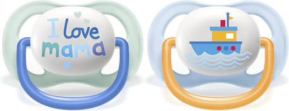Philips Avent Lot de 2 sucettes Ultra Air sans BPA pour les bébés âgés de 0 à 6 mois, Bateau/Maman (modèle SCF080/01)