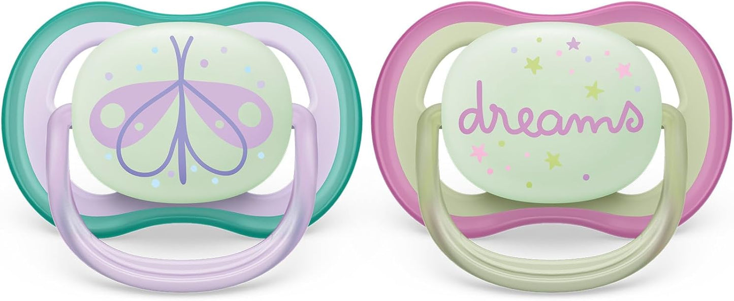 Philips Avent Sucette ultra air - 2 sucettes légères, aérées et phosphorescentes pour bébés âgés de 0 à 6 mois, sans BPA, avec étui de transport stérilisateur, Bleu/Violet (modèle SCF376/19)