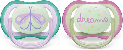 Philips Avent Sucette ultra air - 2 sucettes légères, aérées et phosphorescentes pour bébés âgés de 0 à 6 mois, sans BPA, avec étui de transport stérilisateur, Bleu/Violet (modèle SCF376/19)