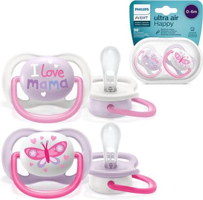 Philips Avent Lot de 2 sucettes Ultra Air sans BPA pour les bébés âgés de 0 à 6 mois, Papillon (modèle SCF080/02)