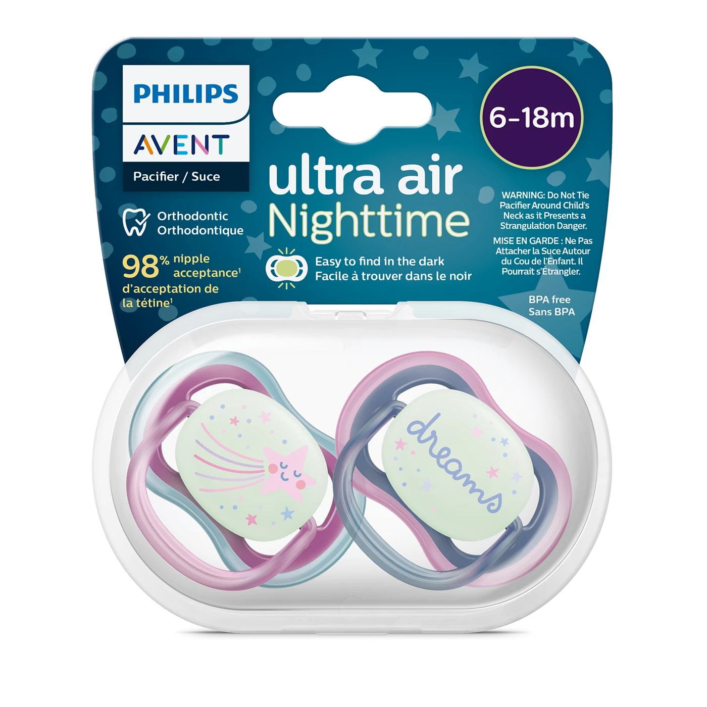 2 Philips Avent Sucette ultra air - légères, aérées et phosphorescentes pour bébés âgés de 6 à 18 mois, sans BPA, avec étui de transport stérilisateur, Rose/Bleu/Violet (modèle SCF376/14)
