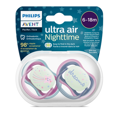 2 Philips Avent Sucette ultra air - légères, aérées et phosphorescentes pour bébés âgés de 6 à 18 mois, sans BPA, avec étui de transport stérilisateur, Rose/Bleu/Violet (modèle SCF376/14)