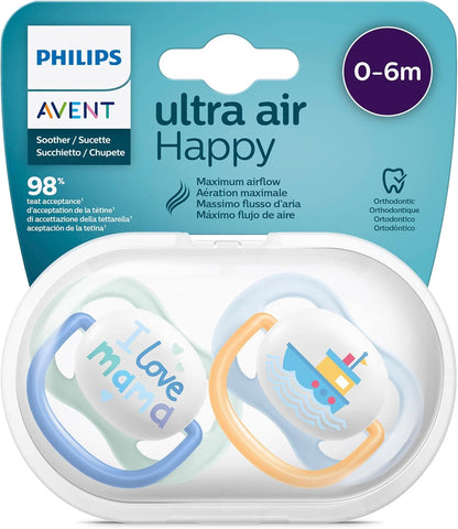 Philips Avent Lot de 2 sucettes Ultra Air sans BPA pour les bébés âgés de 0 à 6 mois, Bateau/Maman (modèle SCF080/01)