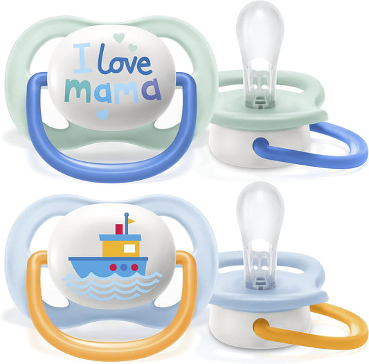 Philips Avent Lot de 2 sucettes Ultra Air sans BPA pour les bébés âgés de 0 à 6 mois, Bateau/Maman (modèle SCF080/01)