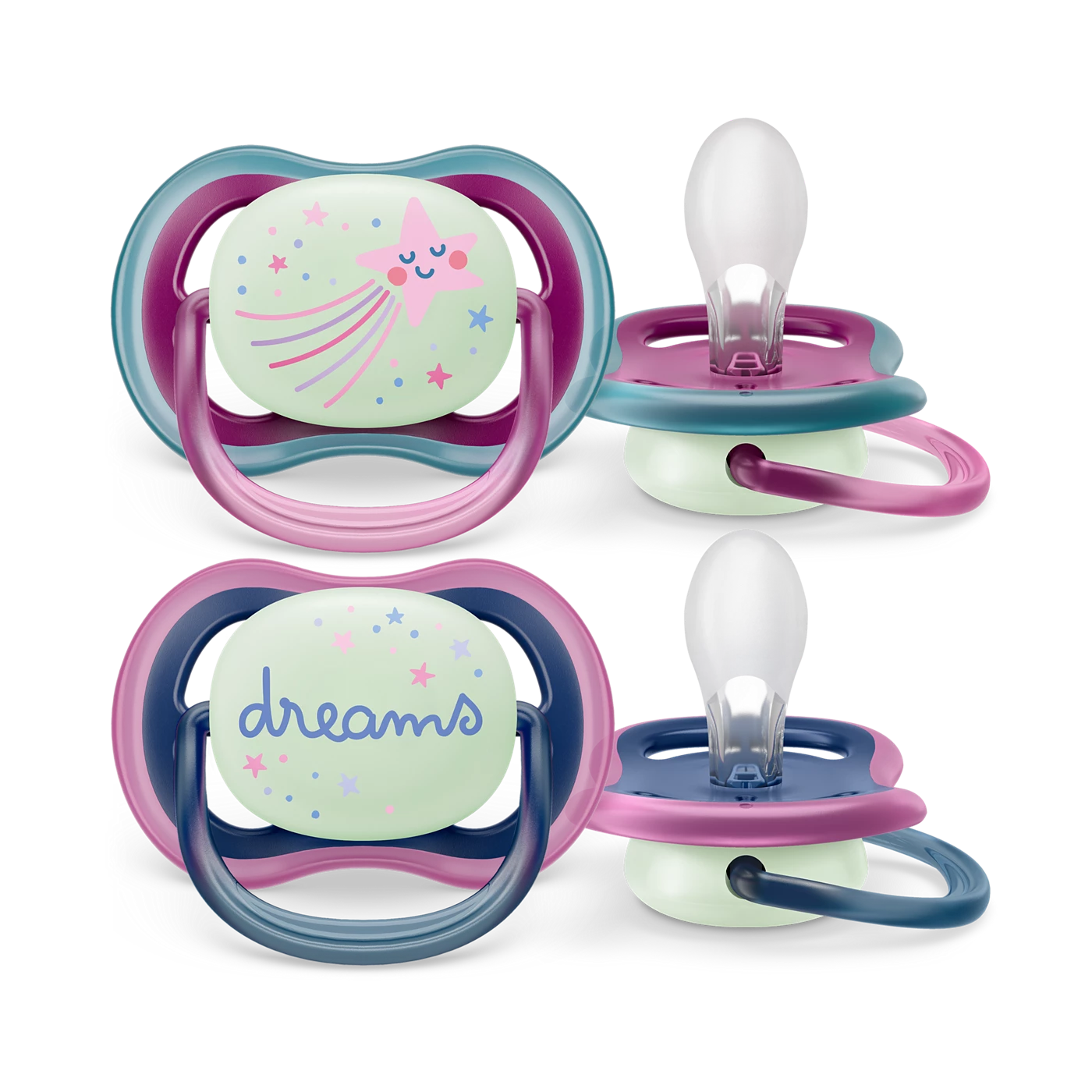 2 Philips Avent Sucette ultra air - légères, aérées et phosphorescentes pour bébés âgés de 6 à 18 mois, sans BPA, avec étui de transport stérilisateur, Rose/Bleu/Violet (modèle SCF376/14)