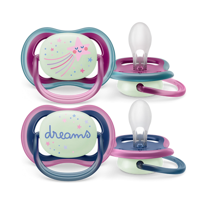 2 Philips Avent Sucette ultra air - légères, aérées et phosphorescentes pour bébés âgés de 6 à 18 mois, sans BPA, avec étui de transport stérilisateur, Rose/Bleu/Violet (modèle SCF376/14)
