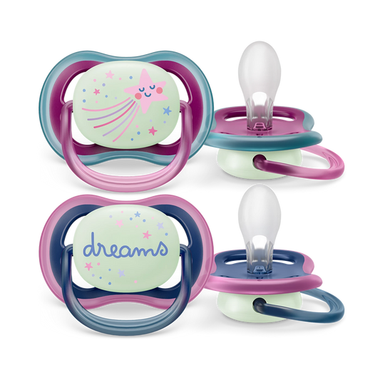 2 Philips Avent Sucette ultra air - légères, aérées et phosphorescentes pour bébés âgés de 6 à 18 mois, sans BPA, avec étui de transport stérilisateur, Rose/Bleu/Violet (modèle SCF376/14)