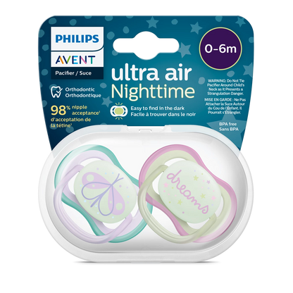 Philips Avent Sucette ultra air - 2 sucettes légères, aérées et phosphorescentes pour bébés âgés de 0 à 6 mois, sans BPA, avec étui de transport stérilisateur, Bleu/Violet (modèle SCF376/19)