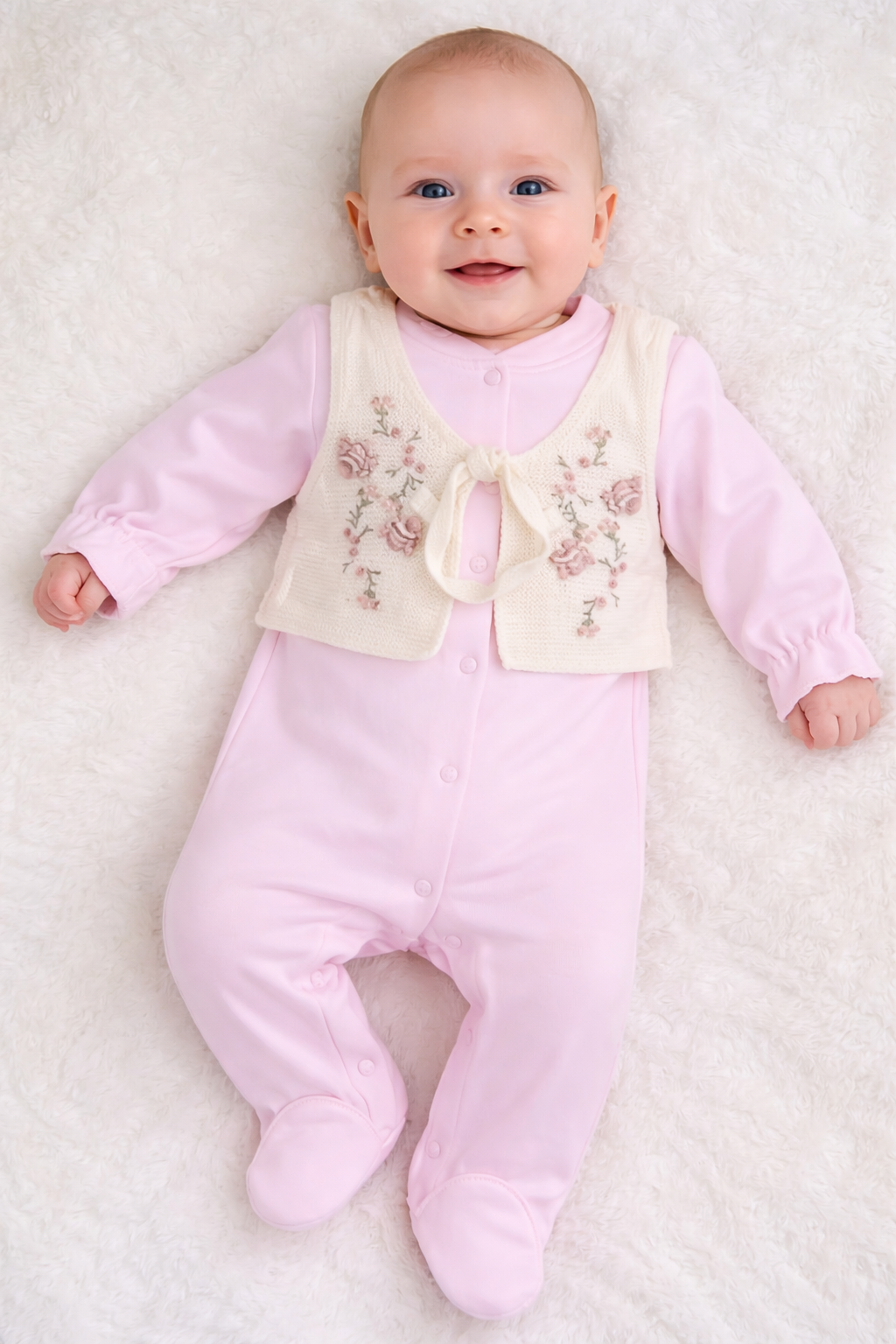 Grenouillère chic pour fille avec gilet et broderie de fleurs