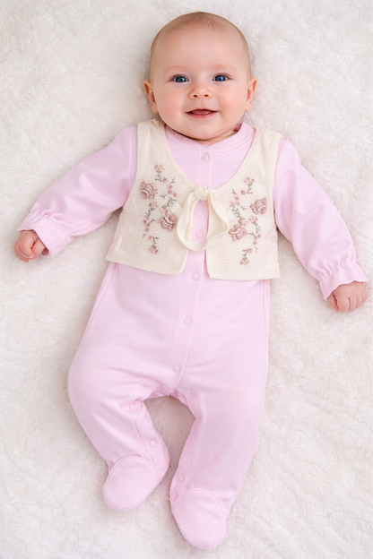 Grenouillère chic pour fille avec gilet et broderie de fleurs