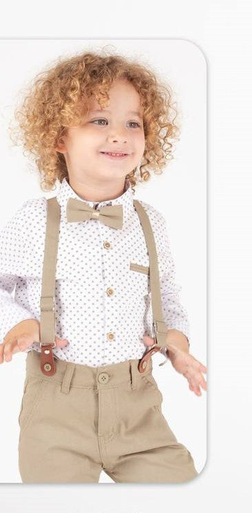 Ensemble Garçon Chic 4 Pièces – Chemise à Motifs, Pantalon, Bretelles & Nœud Papillon