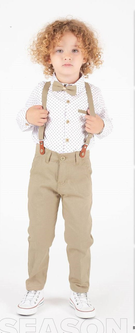 Ensemble Garçon Chic 4 Pièces – Chemise à Motifs, Pantalon, Bretelles & Nœud Papillon