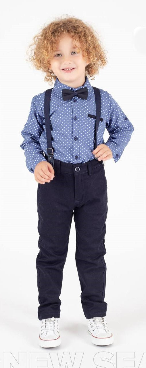 Ensemble Garçon Chic 4 Pièces – Chemise à Motifs, Pantalon, Bretelles & Nœud Papillon