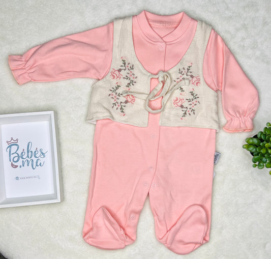Grenouillère chic pour fille avec gilet et broderie de fleurs