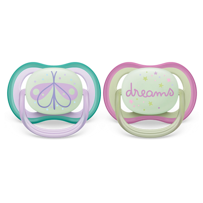 Philips Avent Sucette ultra air - 2 sucettes légères, aérées et phosphorescentes pour bébés âgés de 0 à 6 mois, sans BPA, avec étui de transport stérilisateur, Bleu/Violet (modèle SCF376/19)