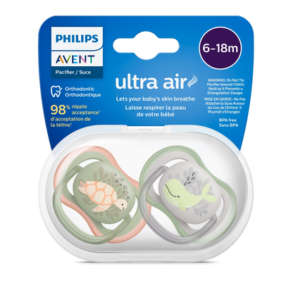 Philips Avent Sucette Ultra Air - 2 sucettes bébé légères et aérées pour bébés âgés de 6 à 18 mois, sans BPA et avec étui de transport stérilisateur (modèle SCF085/60)