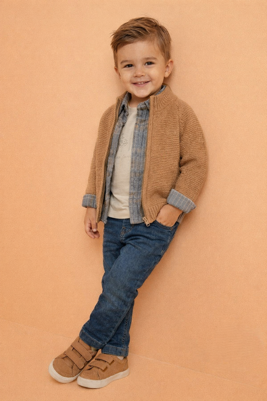 Ensemble Garçon 4 Pièces Élégant – Veste Tricot, Chemise Carreaux, T-Shirt & Jean